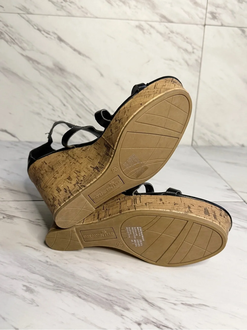 3/$50 Montego Bay Club Black Gold Cutout Cork Wedge Sandals Gladiator Heels 8.5
